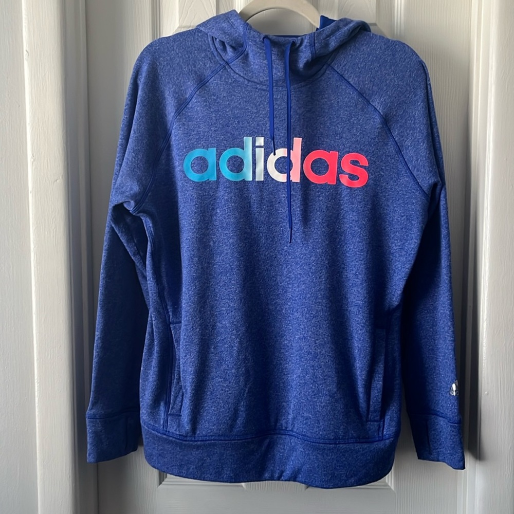 Adidas women Climawarm blue logo fleece hoodie thumb holes gym workout large